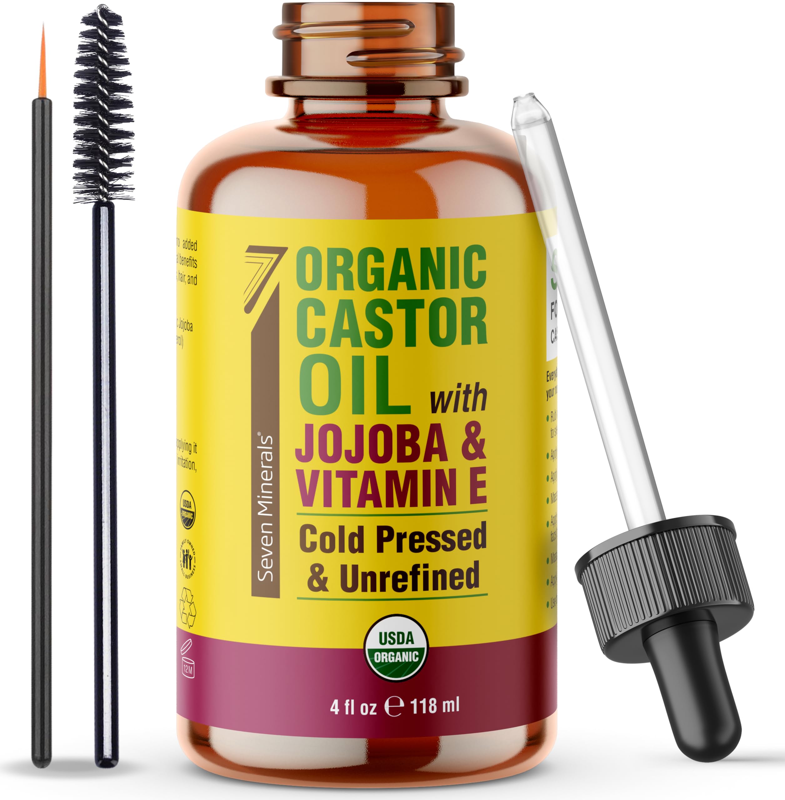 Seven Minerals Aceite de Ricino en botella de vidrio para pestañas y cejas