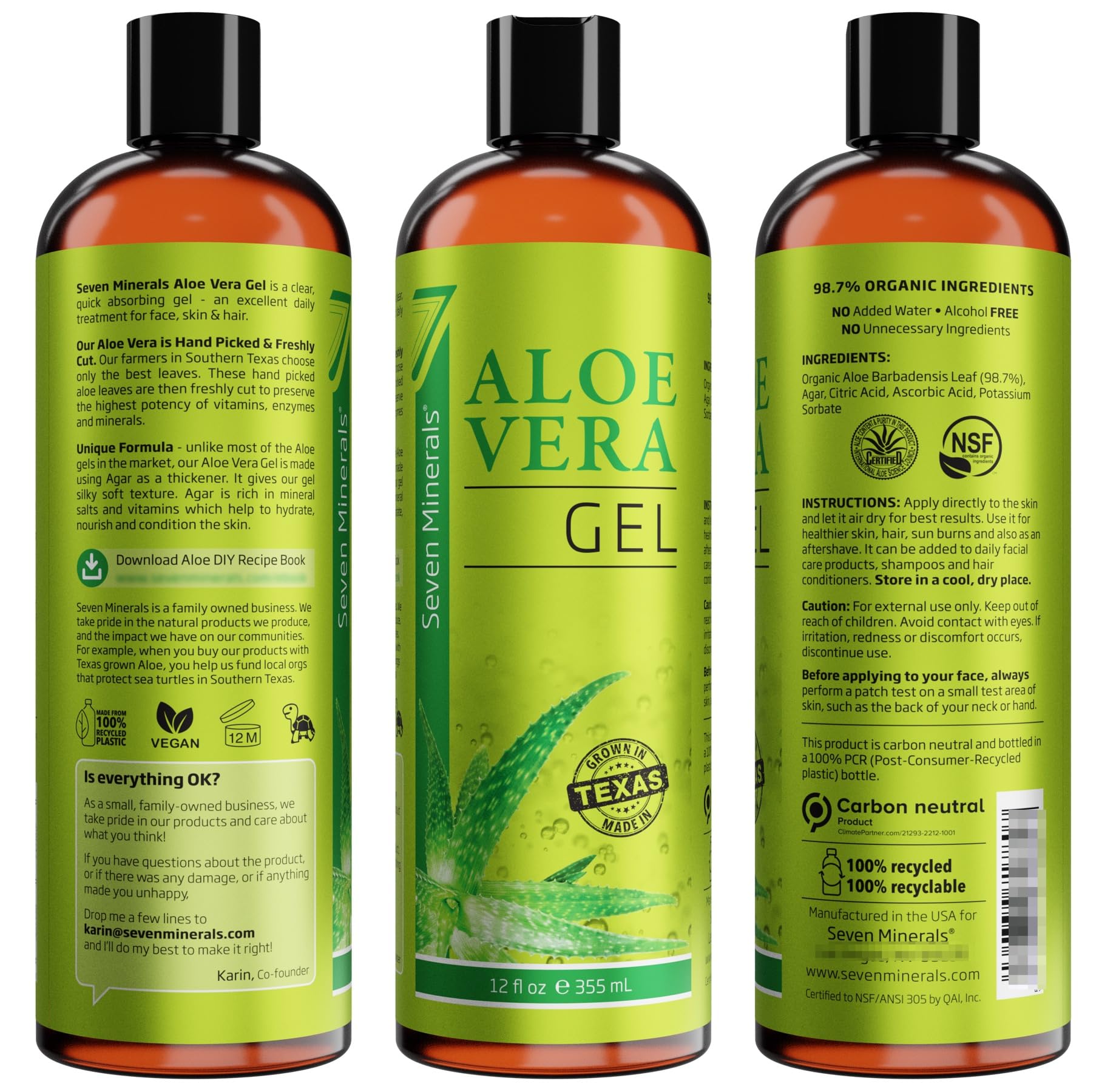 Seven Minerals Aloe Gel: cultivado en Texas y elaborado con hojas frescas.