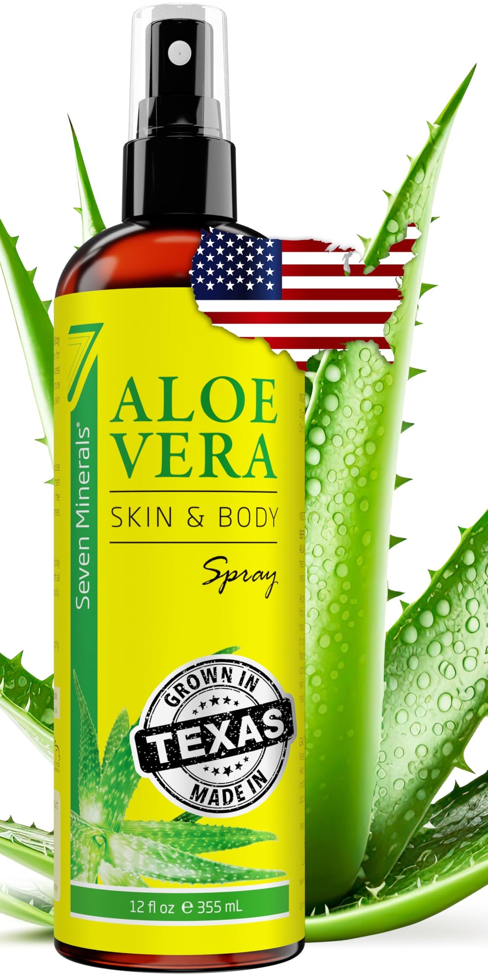 Seven Minerals Aloe Vera Spray frente, hidratación suave para piel y cabello