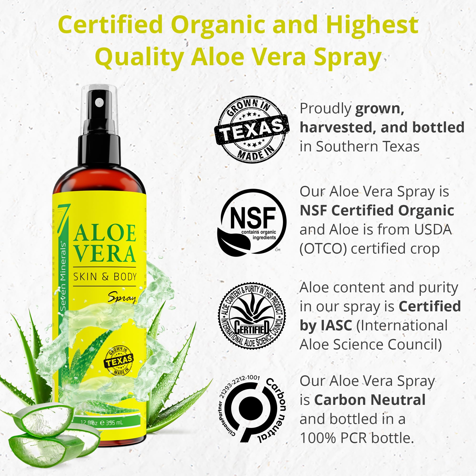 Seven Minerals Aloe Vera Spray en mano, fácil aplicación diaria para rostro y cuerpo