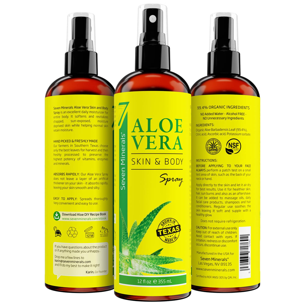 Seven Minerals Aloe Vera Spray presentación, empaque cómodo para casa y viaje
