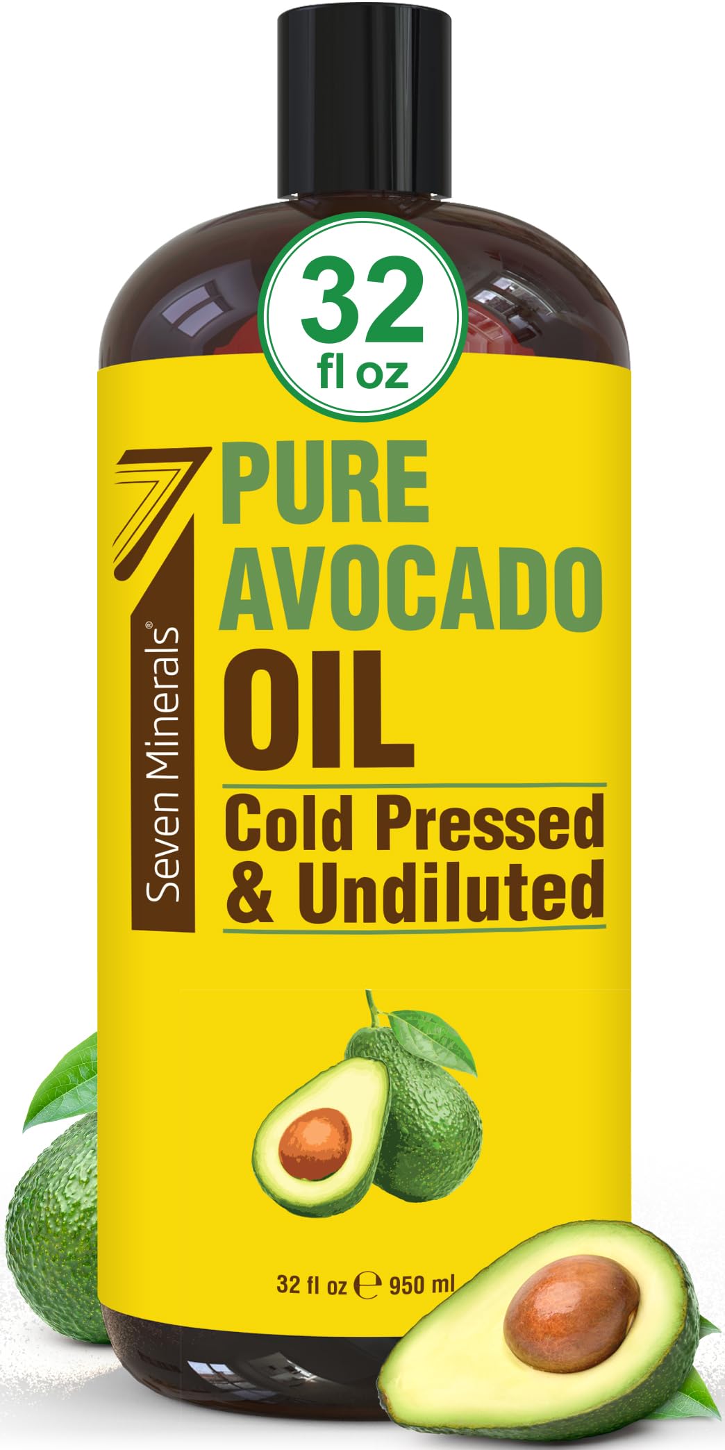 Seven Minerals avocado oil bottle for hair and skin care.