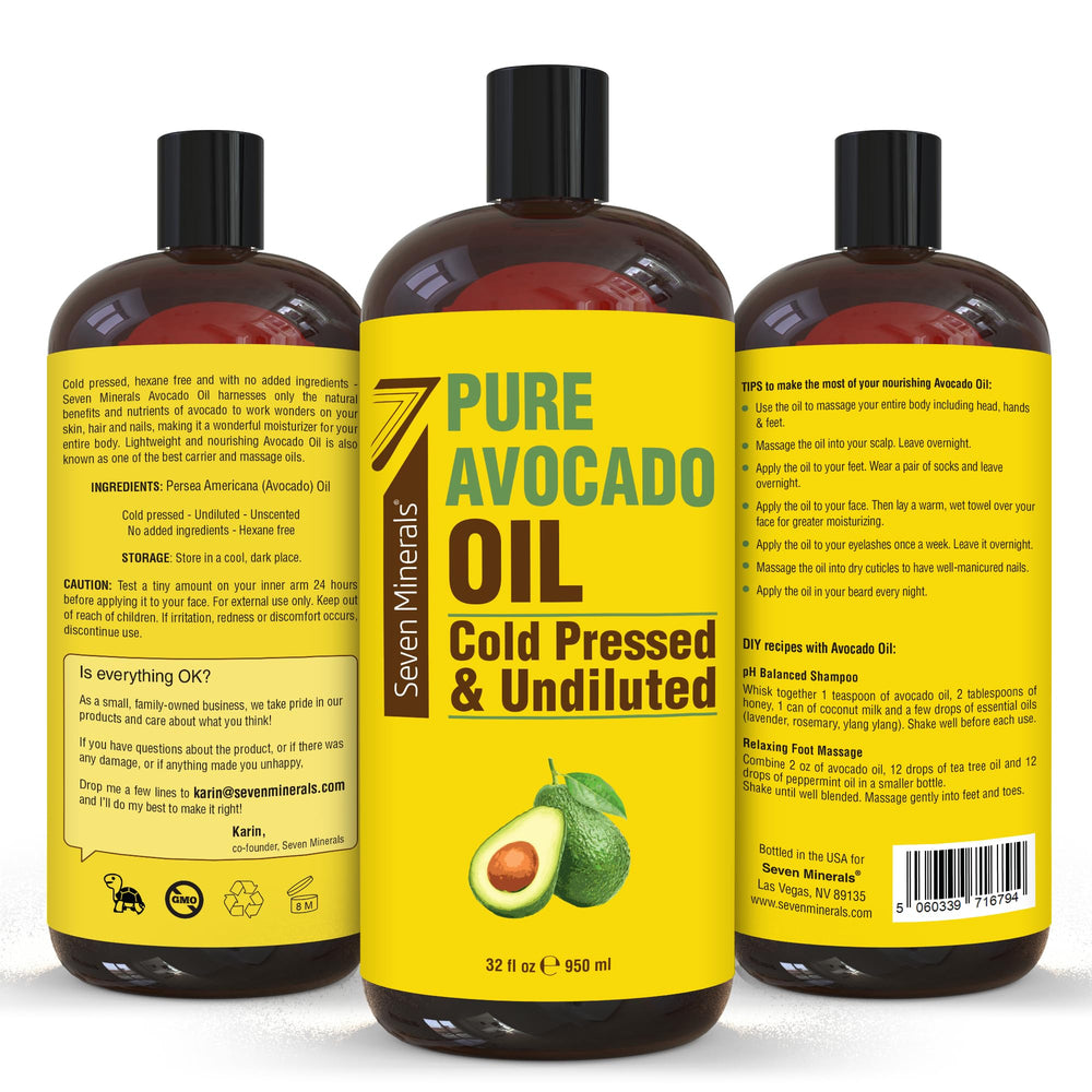 Seven Minerals hexane-free avocado oil label emphasizes purity as a carrier oil.