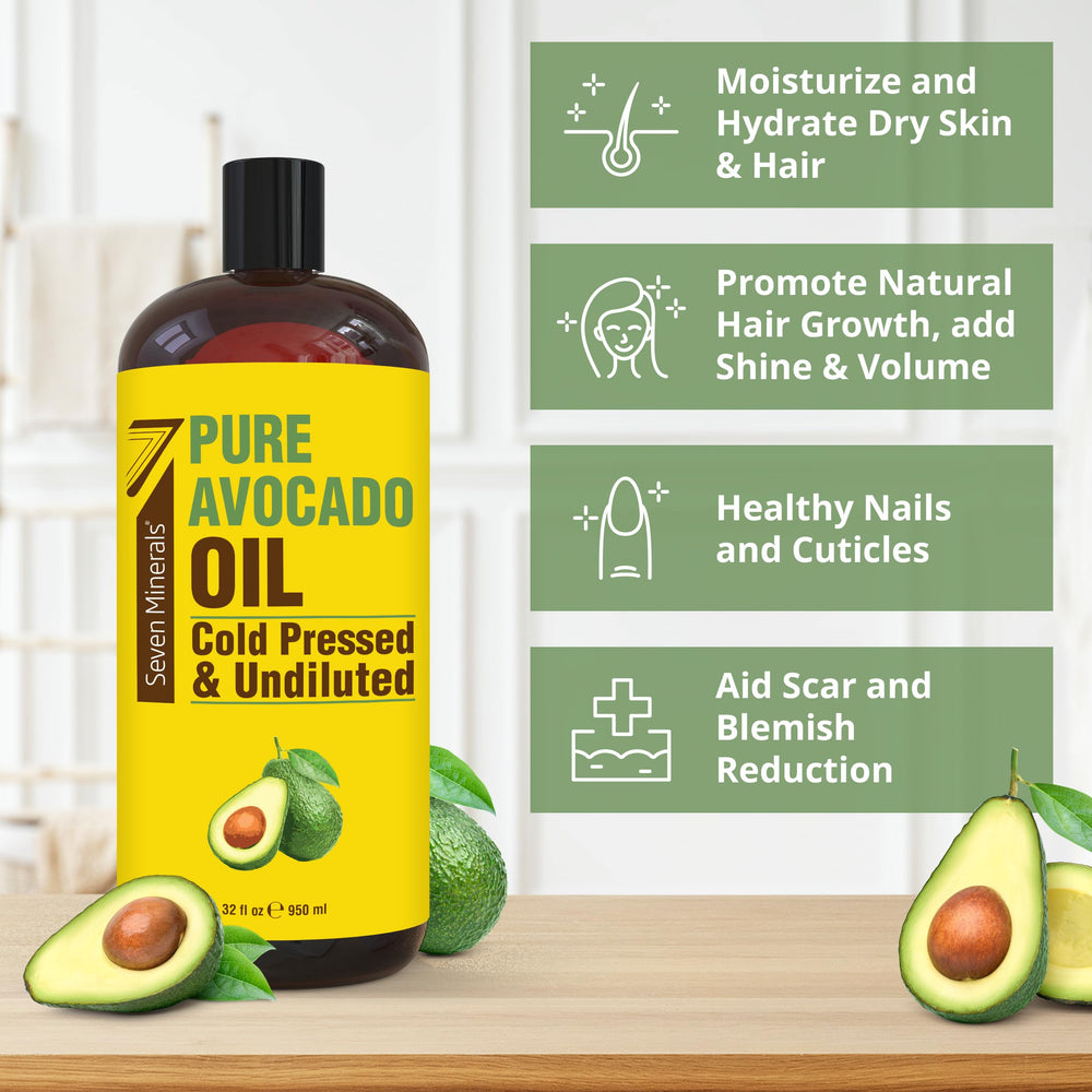 Seven Minerals avocado oil on hair to reduce frizz and add shine.