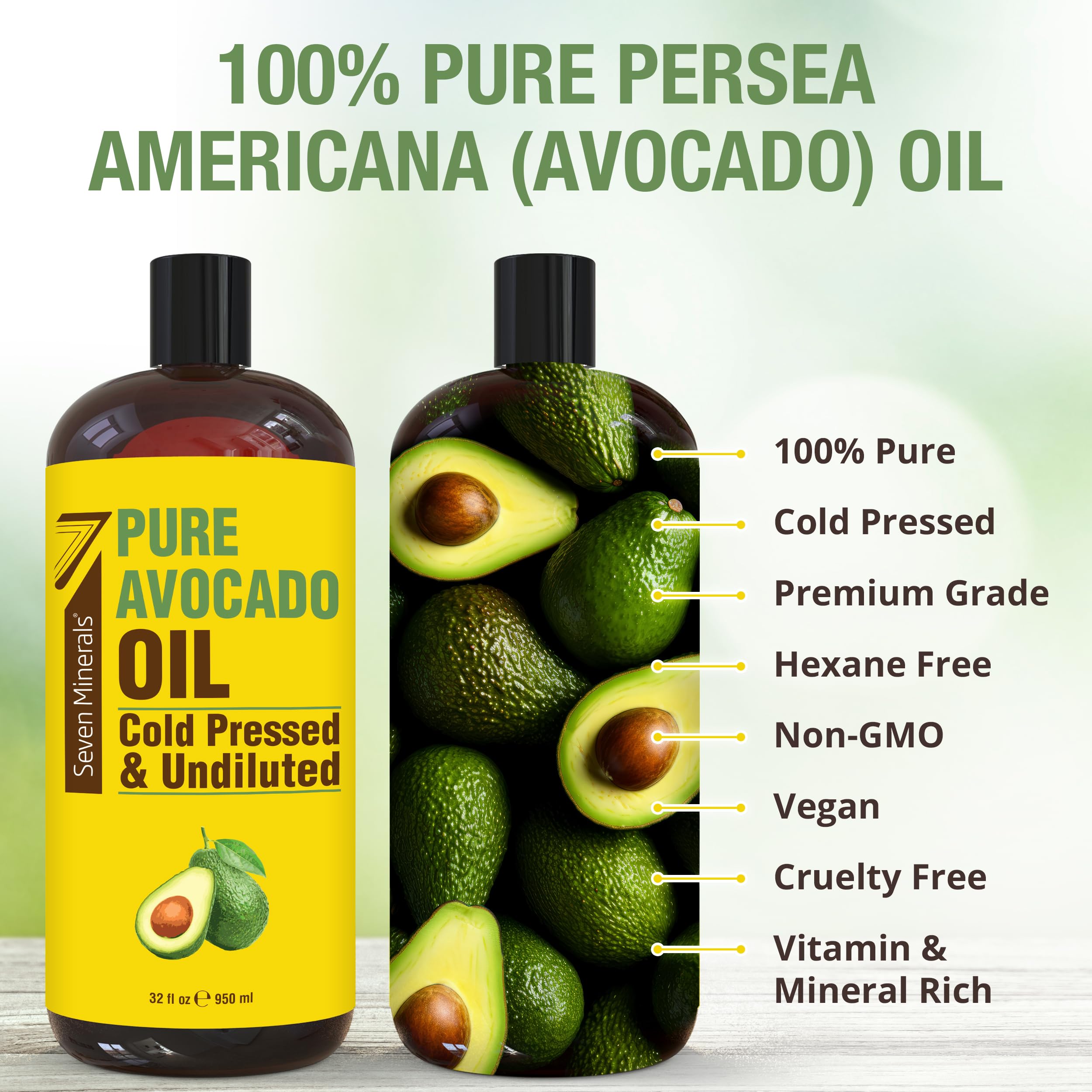Seven Minerals avocado oil pour shows texture for DIY skincare.