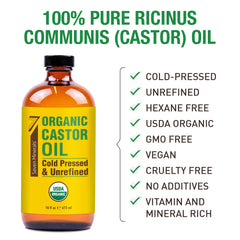 Seven Minerals castor oil in a 16oz glass bottle with premium packaging.