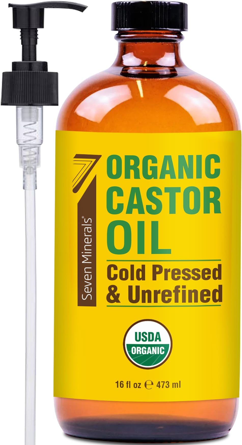 Seven Minerals castor oil in an amber glass bottle protecting freshness.