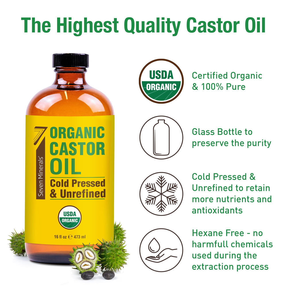Seven Minerals hexane-free castor oil, extracted without harsh chemicals.
