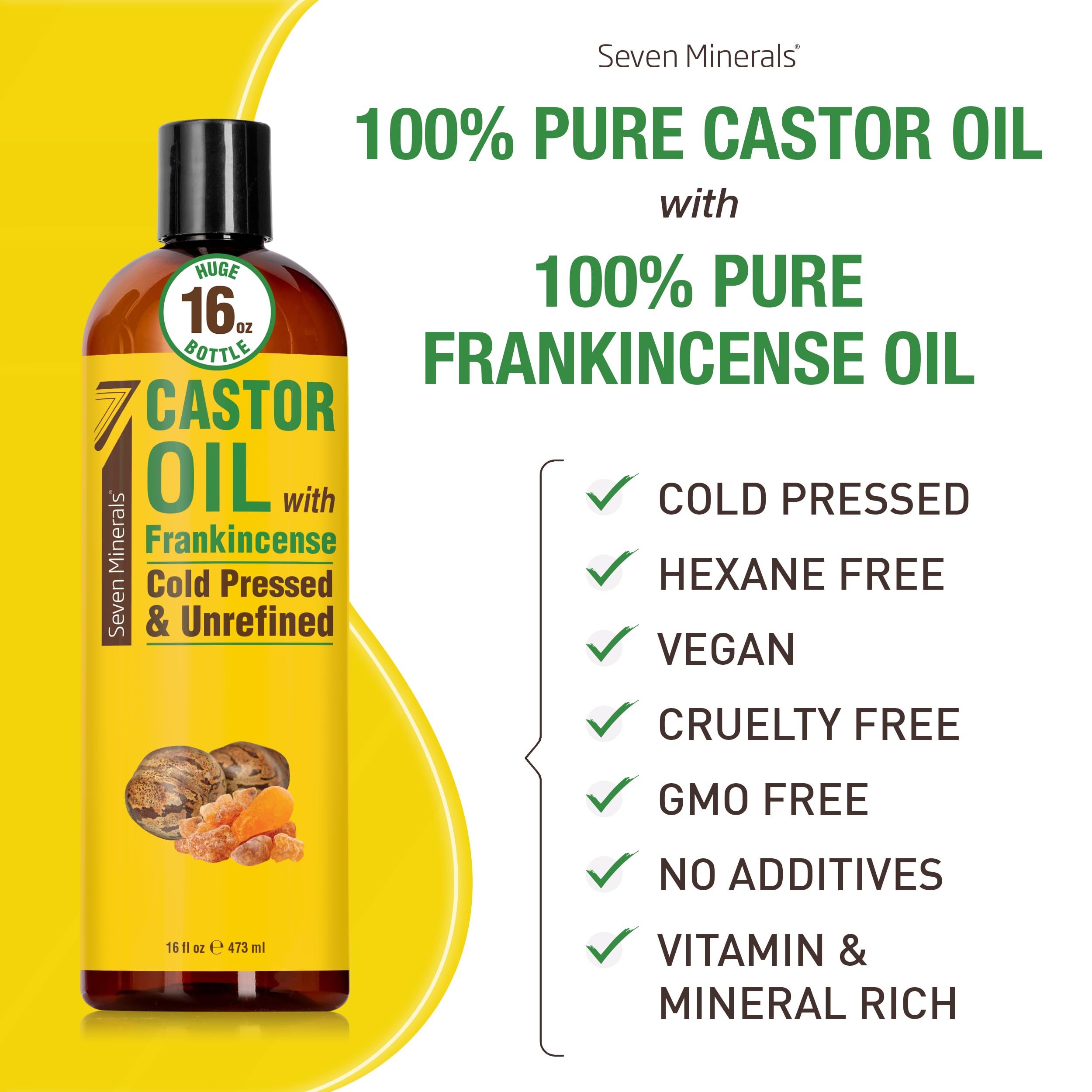 Crecimiento del cabello con aceite de ricino e incienso de Seven Minerals.