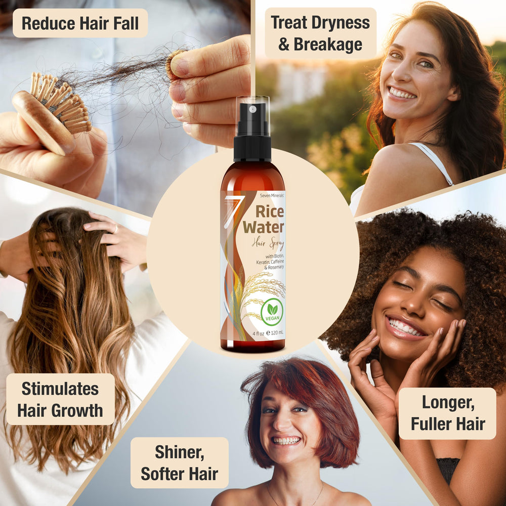 Seven Minerals hair growth spray application demonstrates easy root-to-tip usage on damp hair.