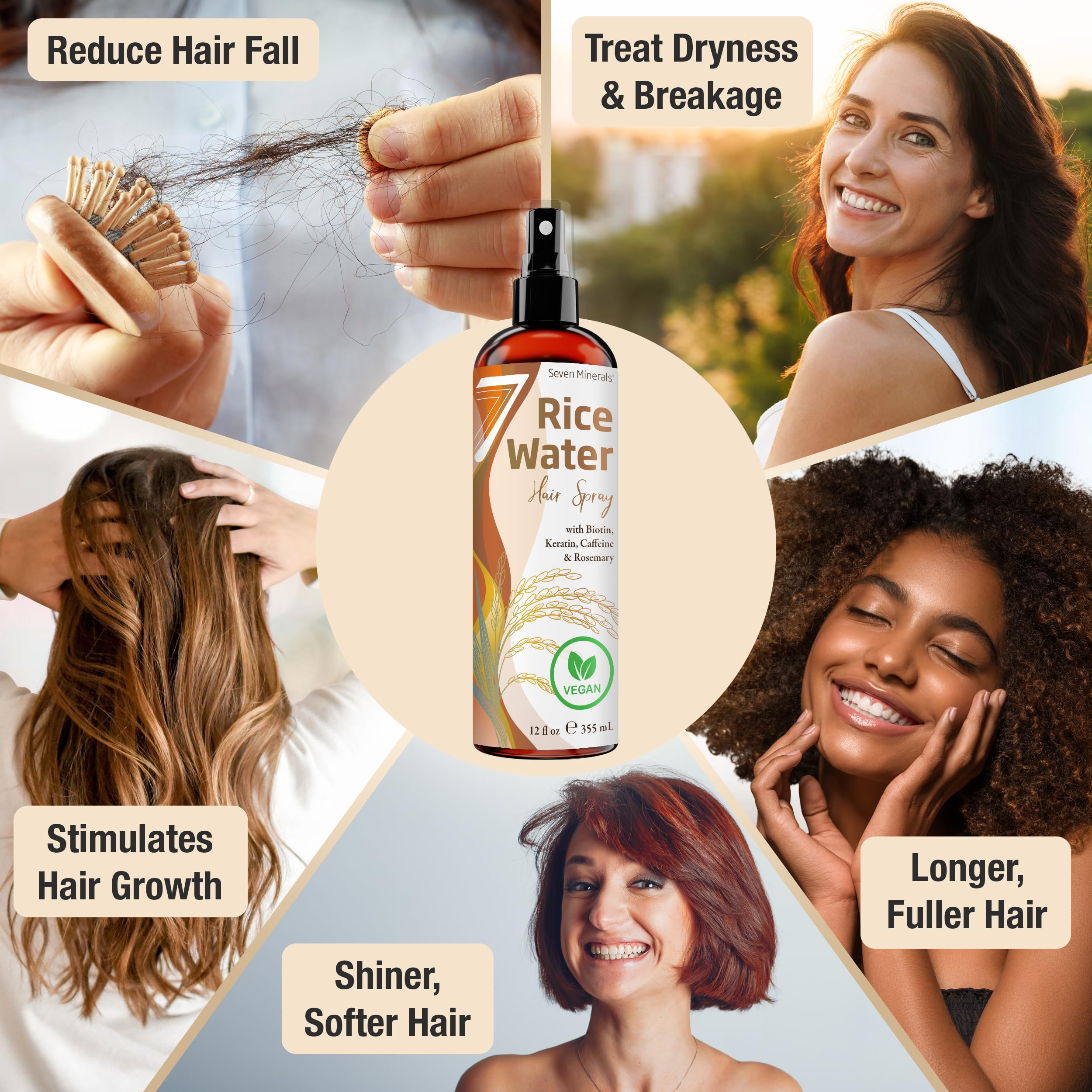 Seven Minerals Hair growth spray in hand shows even distribution on damp hair.