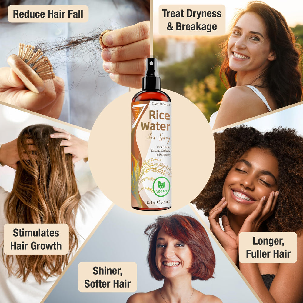 Seven Minerals Hair growth spray in hand shows even distribution on damp hair.