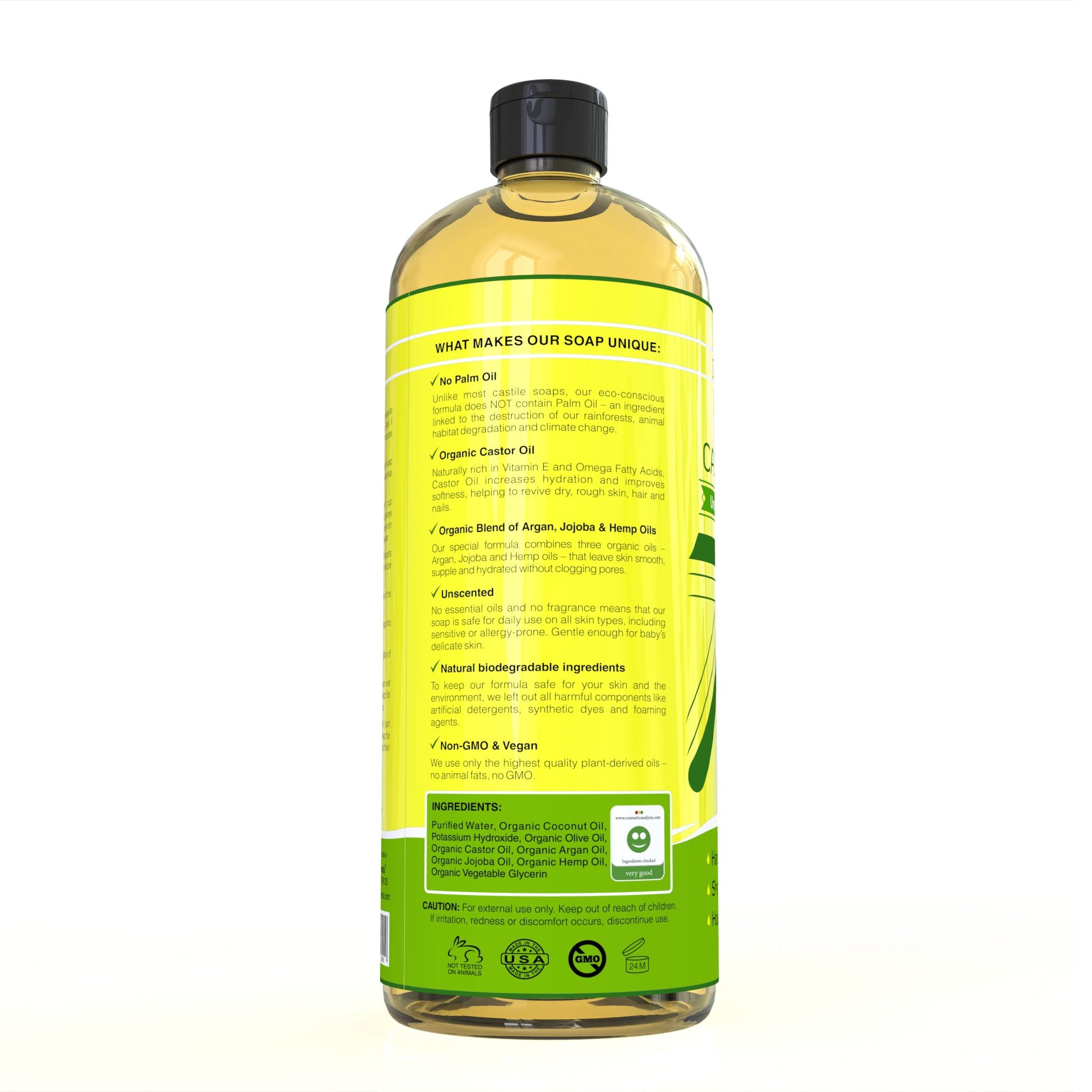 Aceites orgánicos en Seven Minerals Castile y fórmula vegana