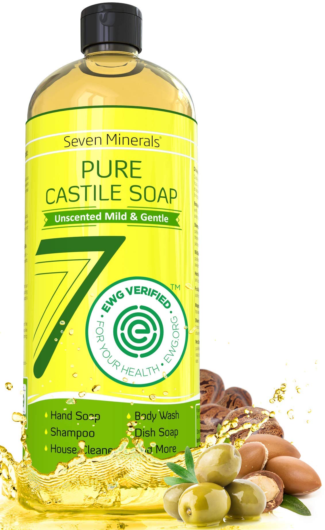 Seven Minerals Jabón Castile botella vertiendo espuma suave para piel sensible