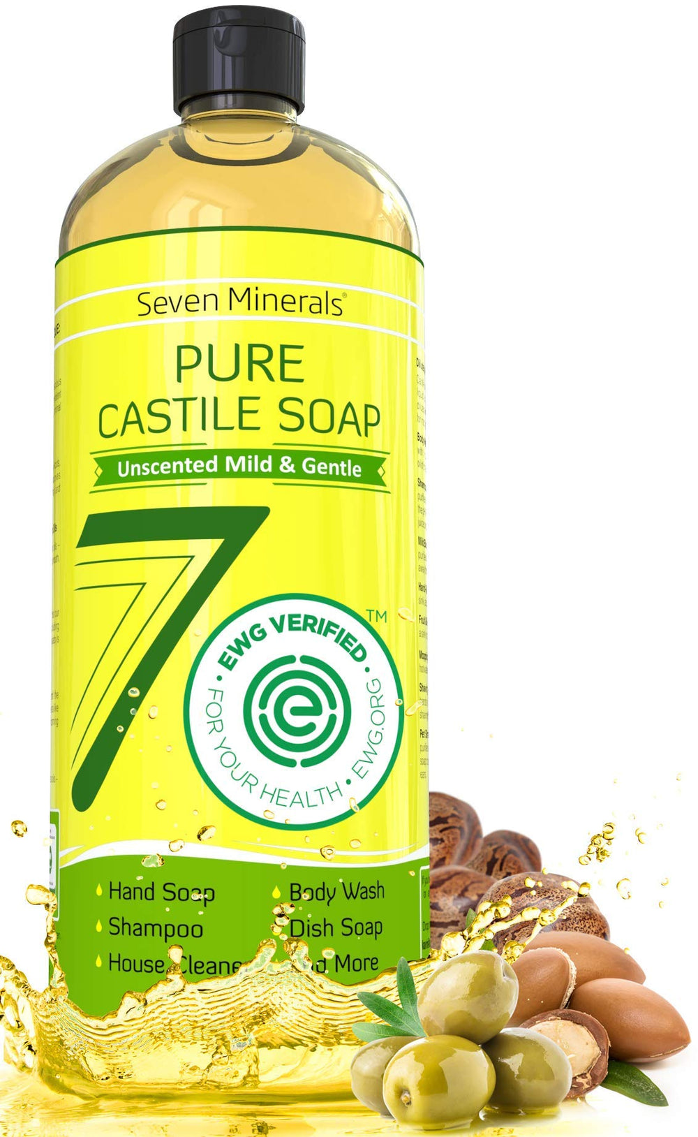 Seven Minerals Jabón Castile botella vertiendo espuma suave para piel sensible