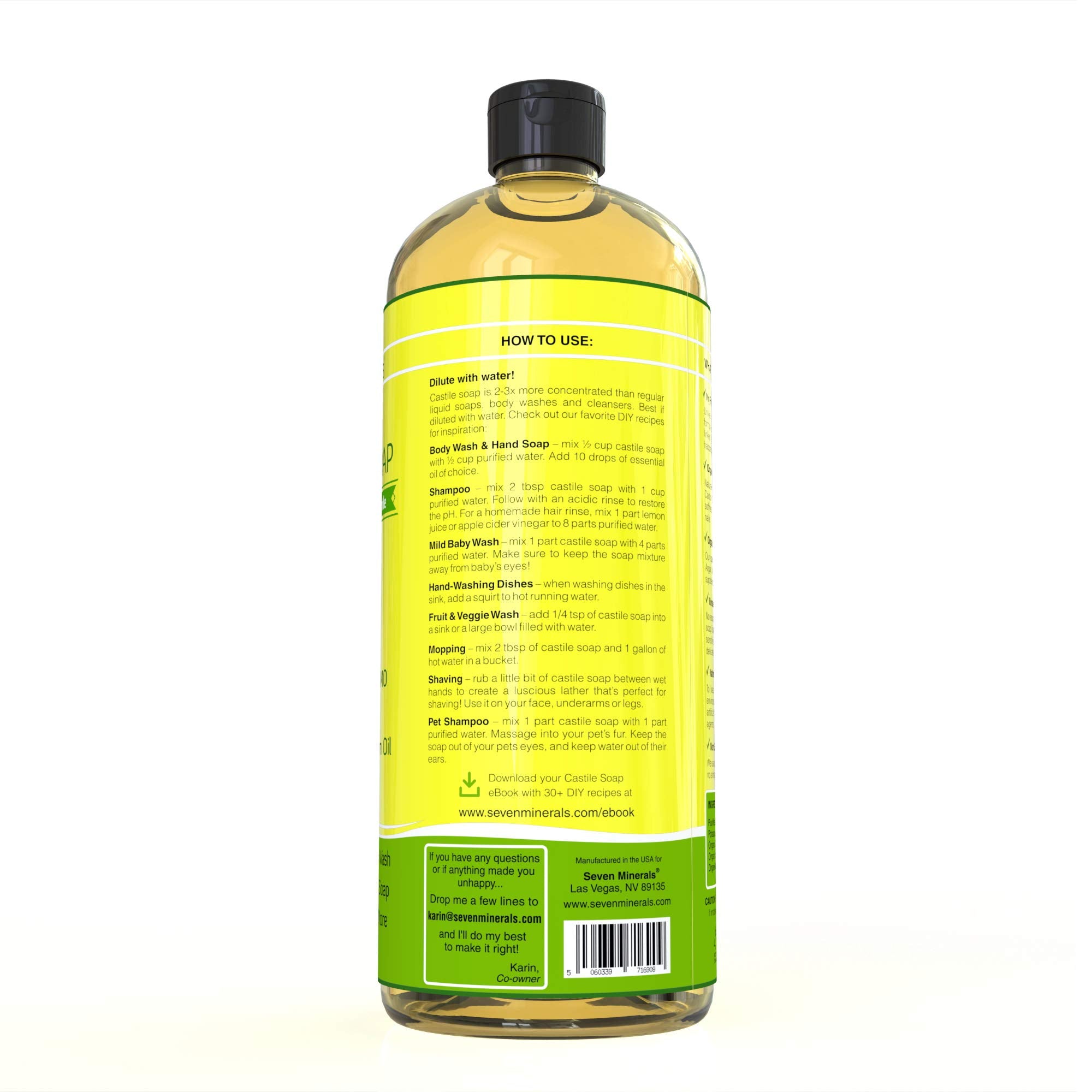 Seven Minerals Jabón Castile etiqueta con ingredientes naturales sin palma