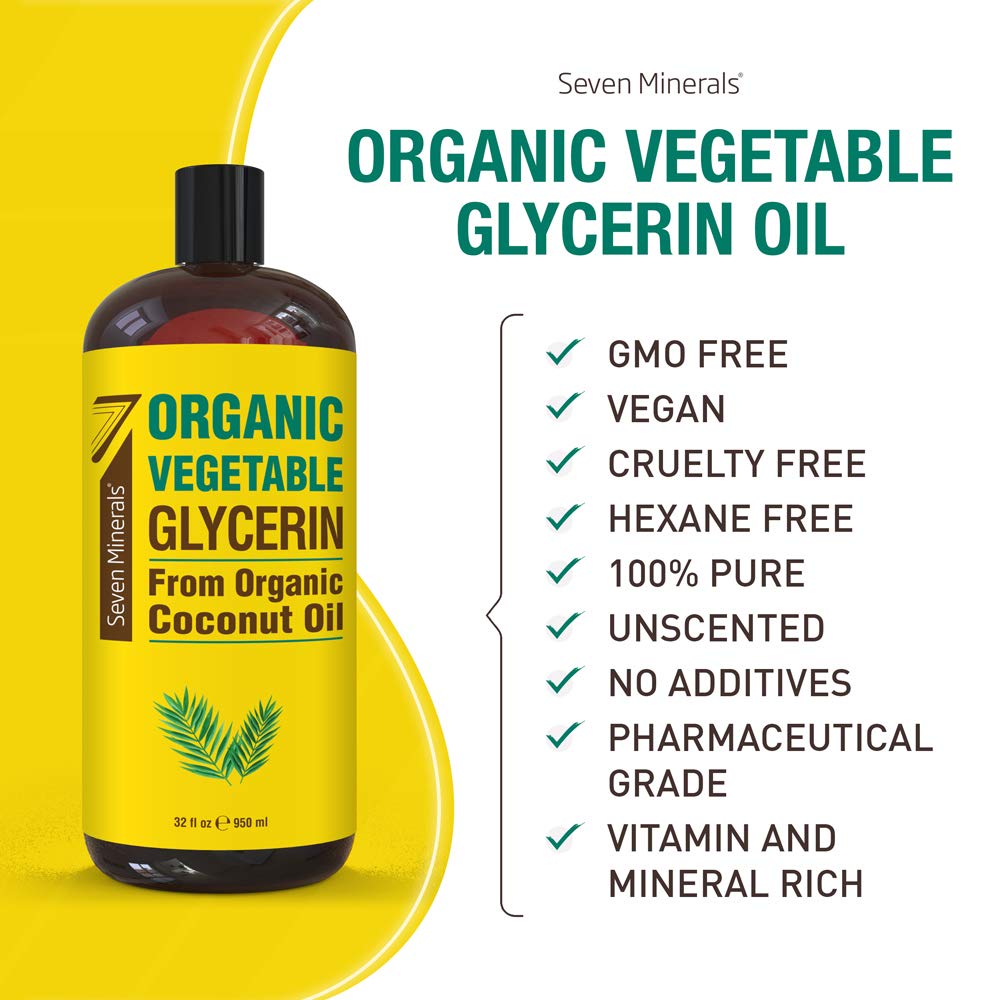 Seven Minerals glycerin bottle label highlights organic coconut oil and no palm oil