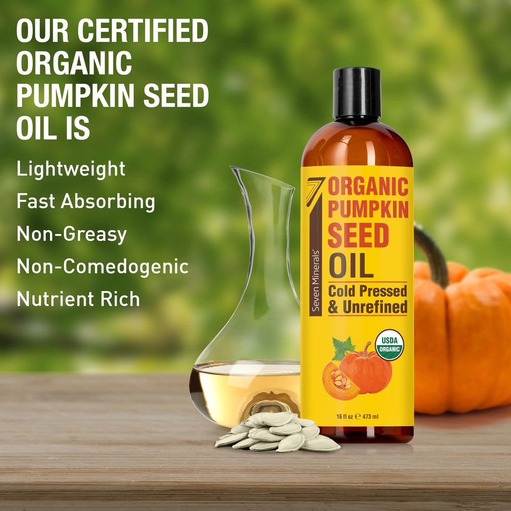 Seven Minerals Pumpkin Seed Oil on hair showing added shine and strength.