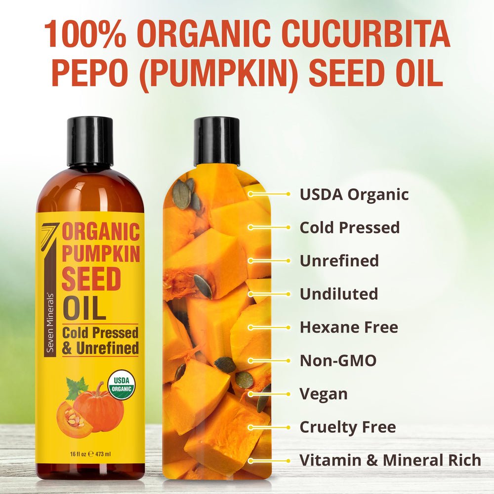 Seven Minerals Pumpkin Seed Oil label close-up highlighting USDA Organic, hexane-free.