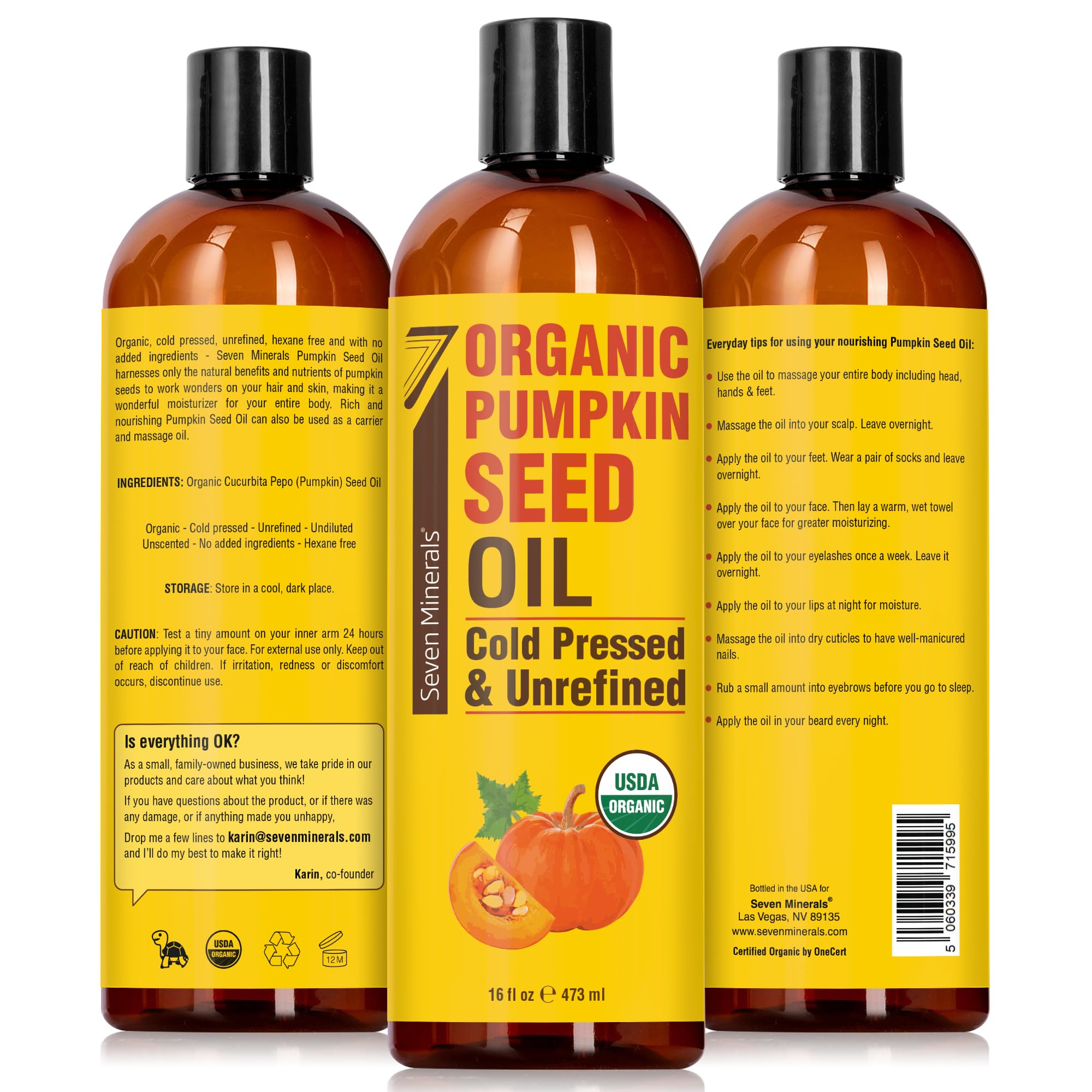 Seven Minerals Pumpkin Seed Oil massaged into skin for deep hydration.
