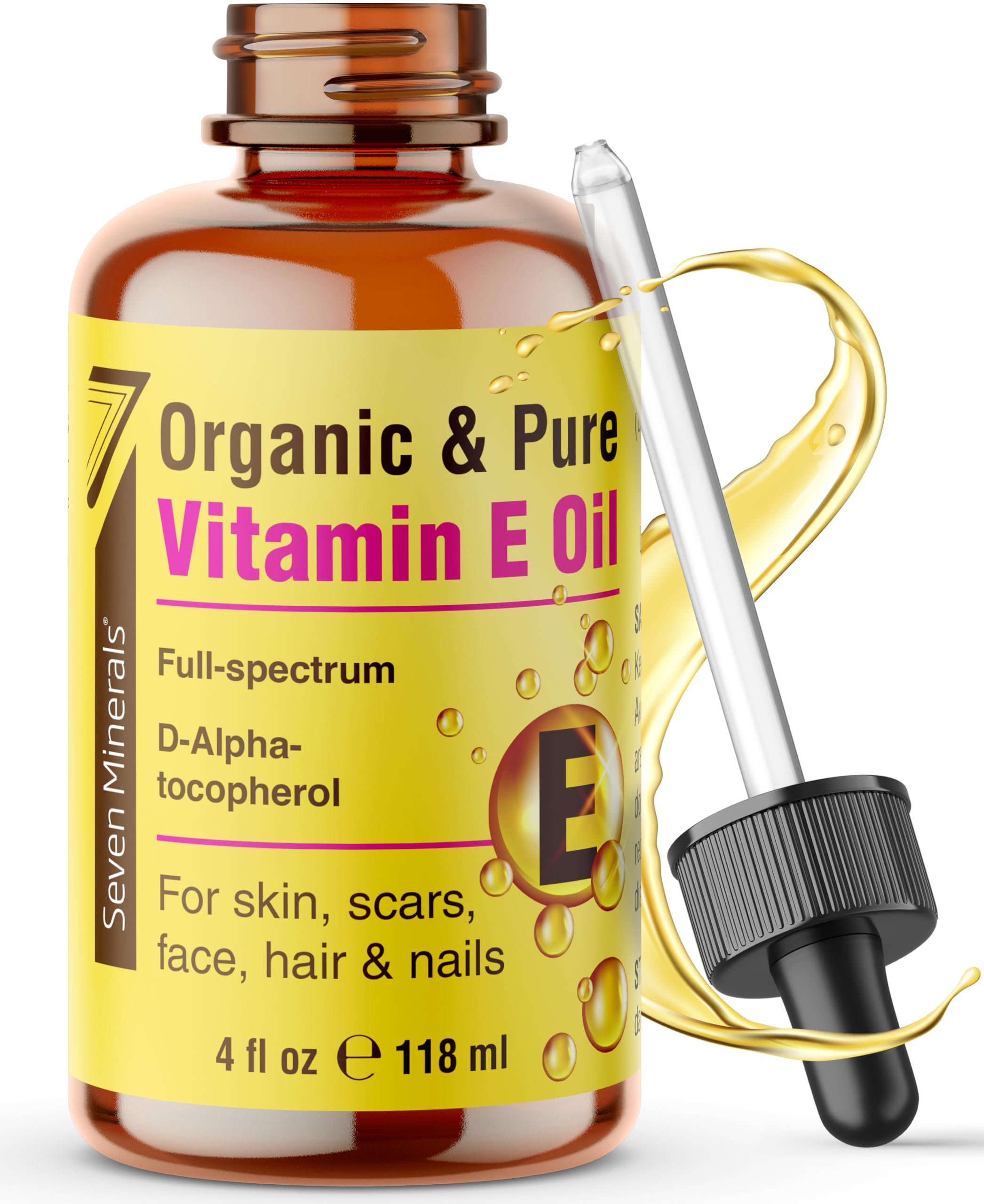 Seven Minerals Ultra Pure Vitamin E Oil bottle front for pure skin nourishment.