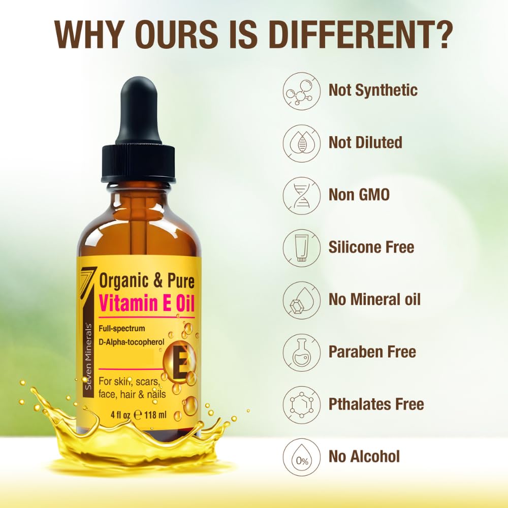 Seven Minerals Vitamin E Oil packaging uses recycled materials and eco-friendly design.