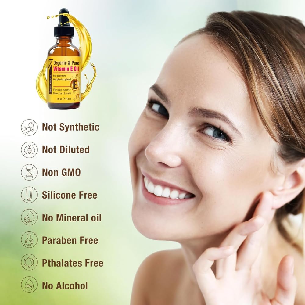 Nutrición del cabello con aceite de vitamina E de Seven Minerals para puntas suaves.