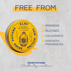 Dry hair styling with Seven Potions Hair Clay delivering a natural matte finish.