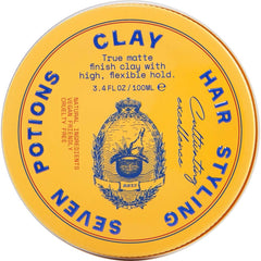 Seven Potions Hair Clay packaging highlights vegan, cruelty-free formula for mindful styling.