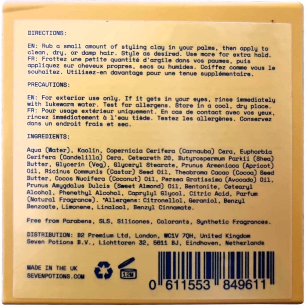 Vegan cruelty-free label on Seven Potions Hair Clay packaging.