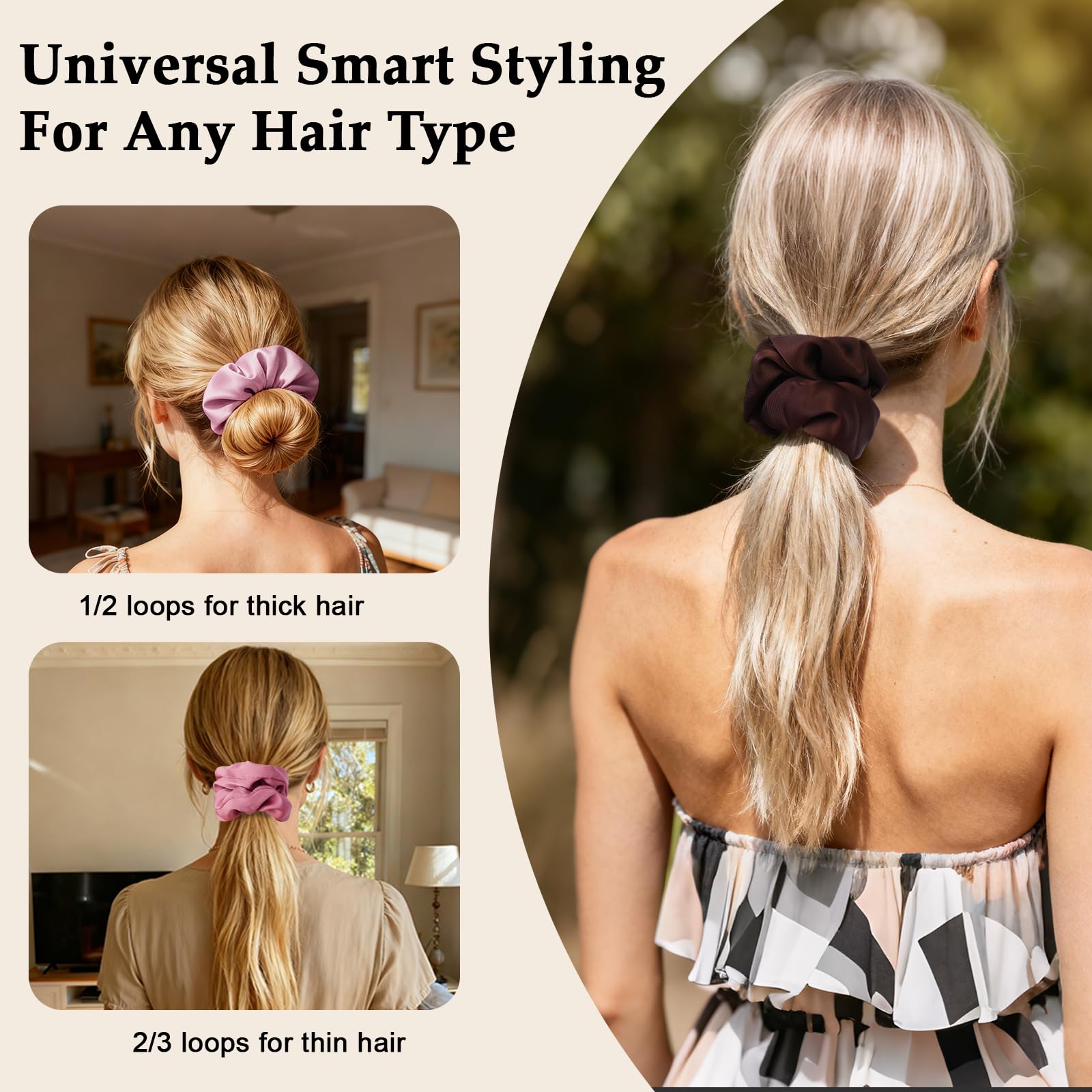 SEVEN STYLE gomas satinadas tono chocolate, agarre suave para coletas diarias.