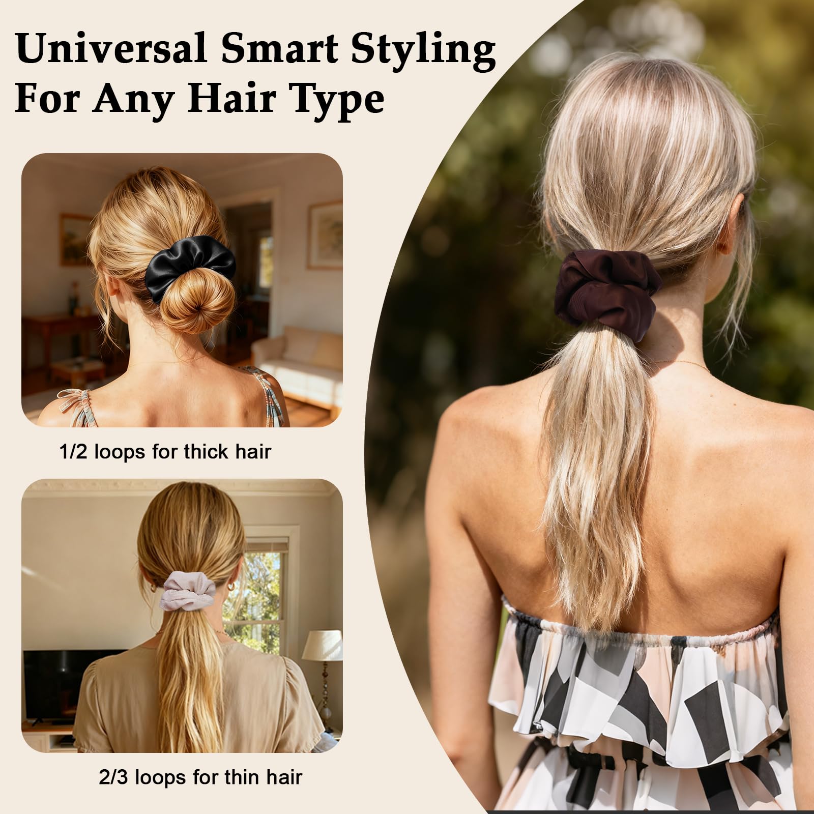 SEVEN STYLE satin scrunchies in dark brown hair with gentle, secure grip