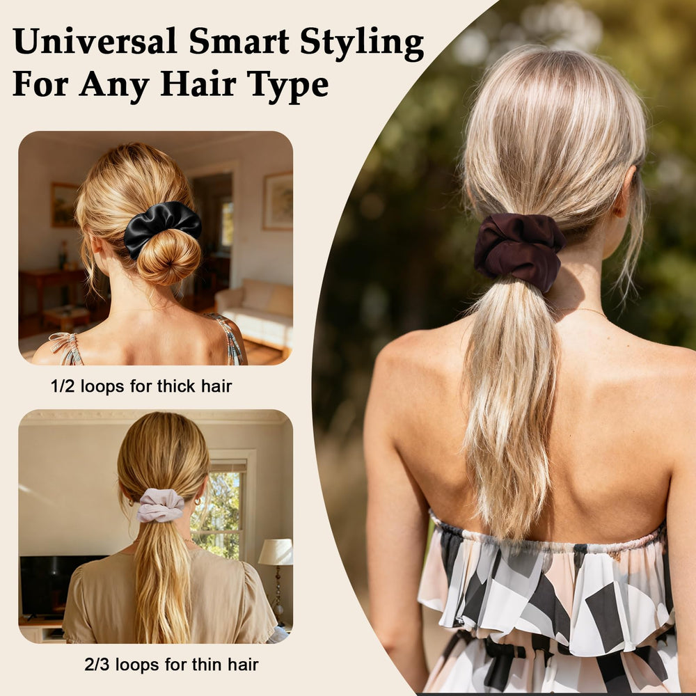 SEVEN STYLE satin scrunchies in dark brown hair with gentle, secure grip