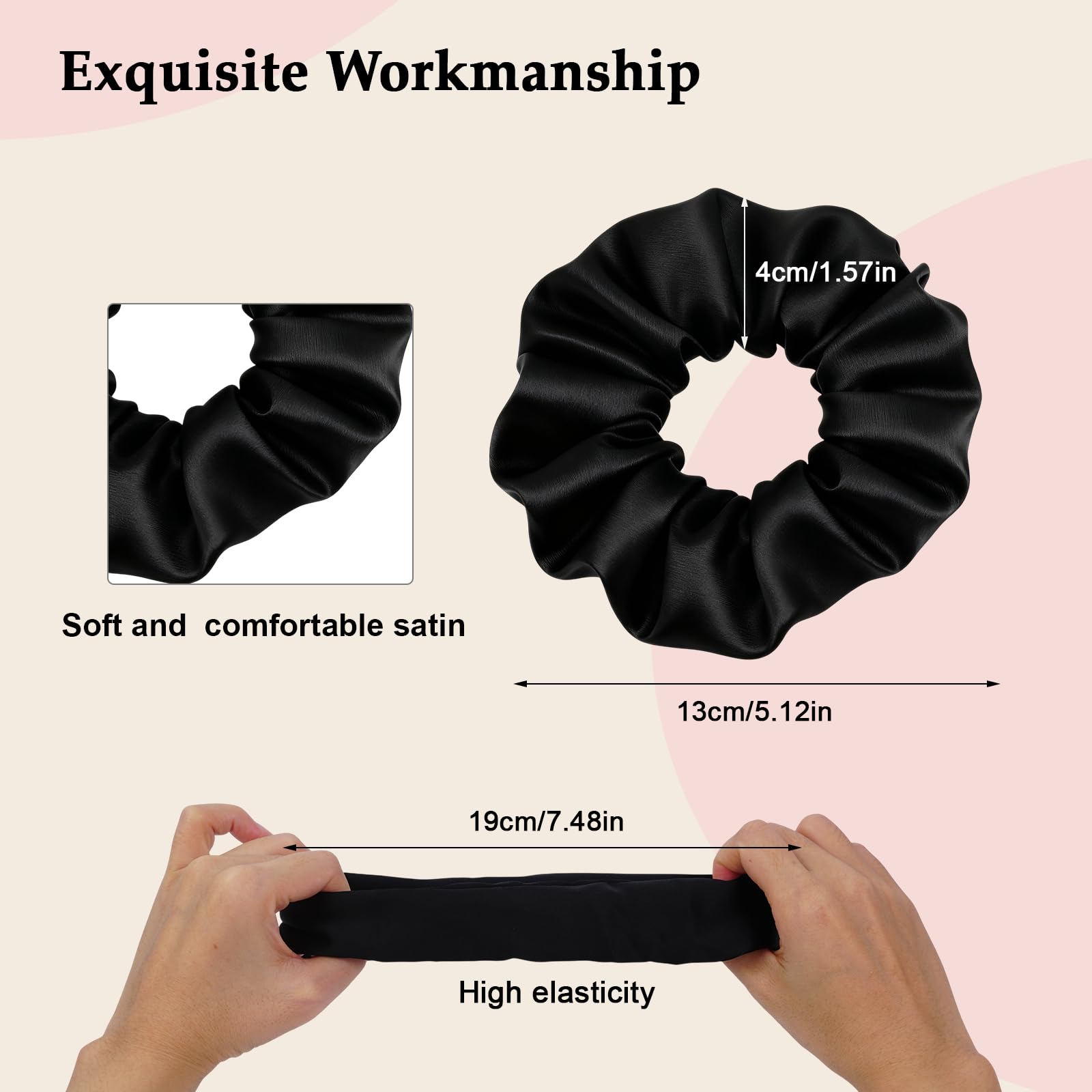 SEVEN STYLE satin scrunchies no-crease closeup shows soft hold for all hair types.