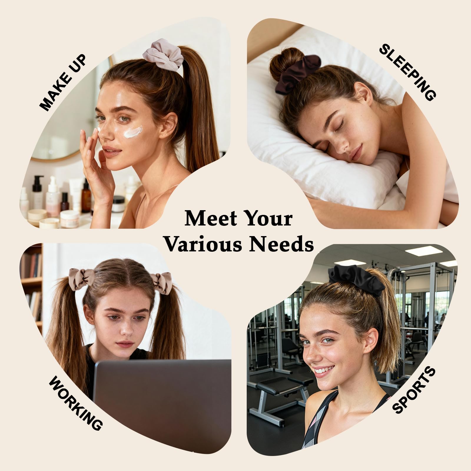 SEVEN STYLE satin scrunchies no-crease design reduces hair dents