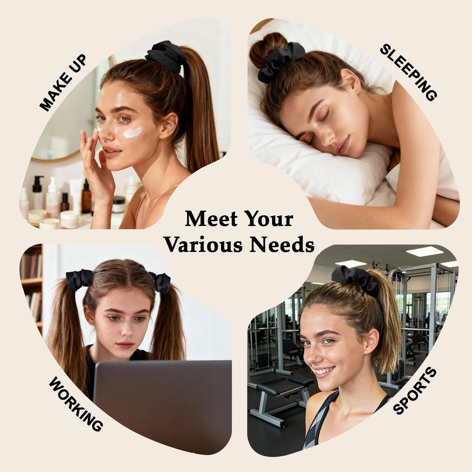 SEVEN STYLE satin scrunchies on ponytail demonstrates secure, gentle grip.