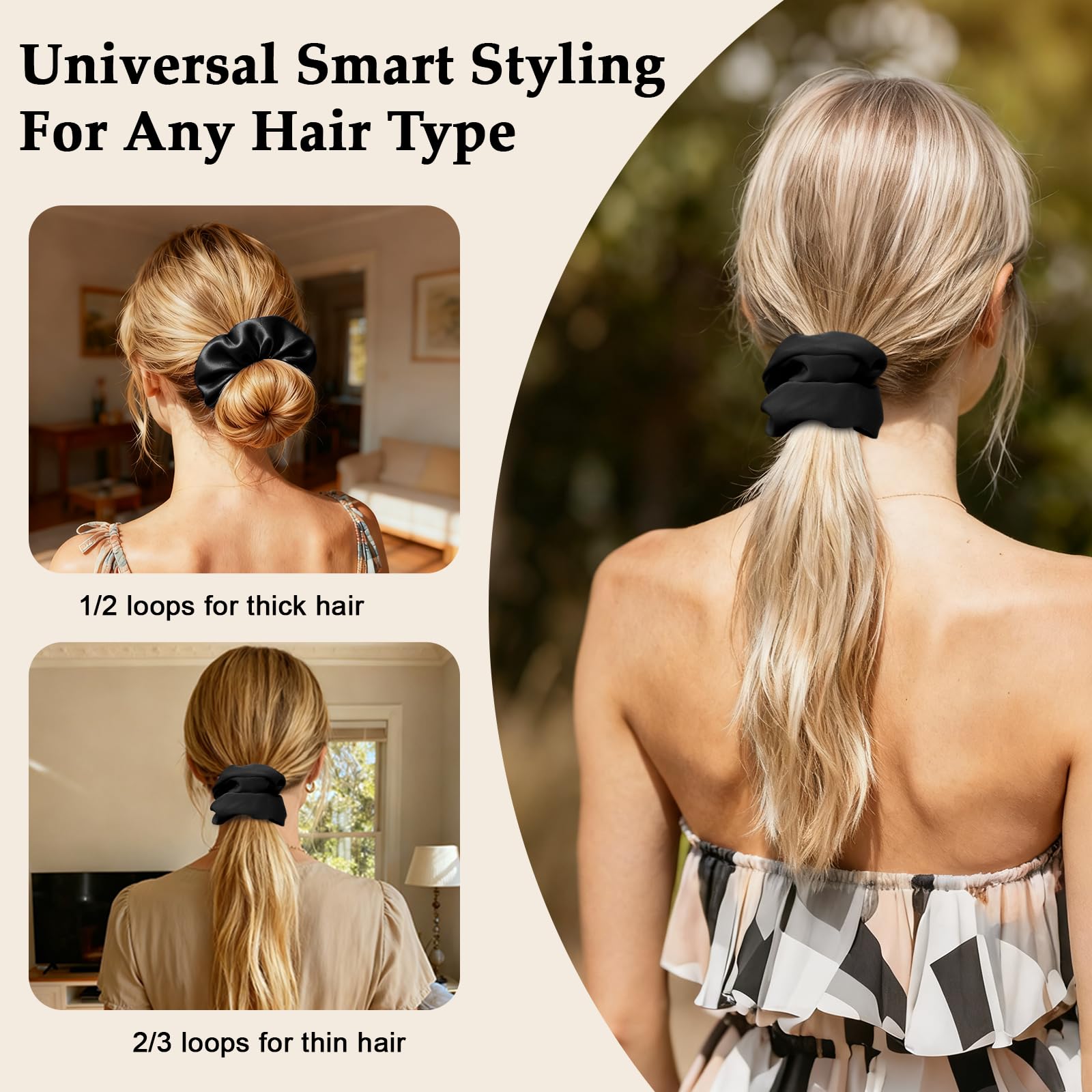 SEVEN STYLE satin scrunchies stretchy design supports thick and thin hair.