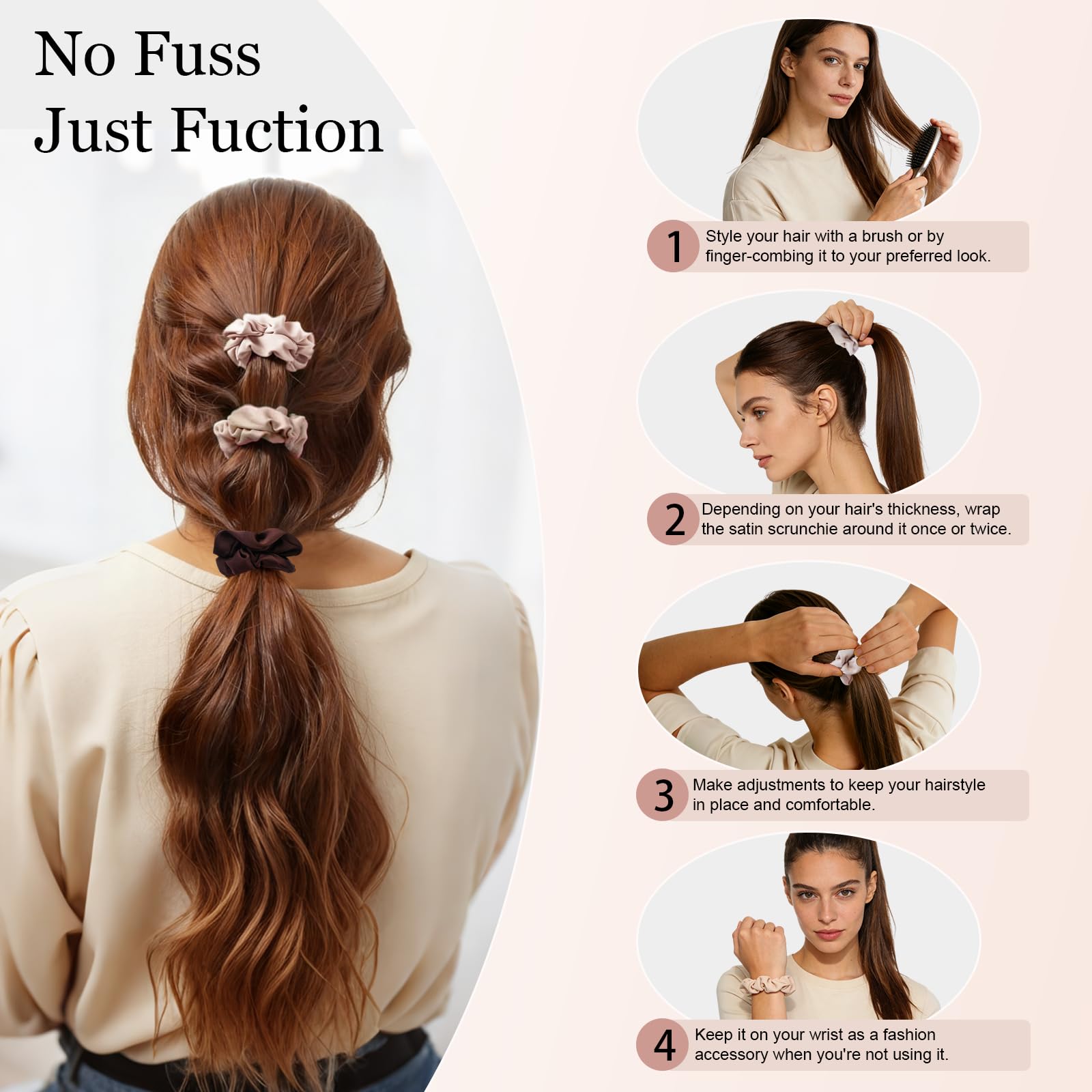 SEVEN STYLE Ultra-Petite satin scrunchies worn in a ponytail to reduce snagging