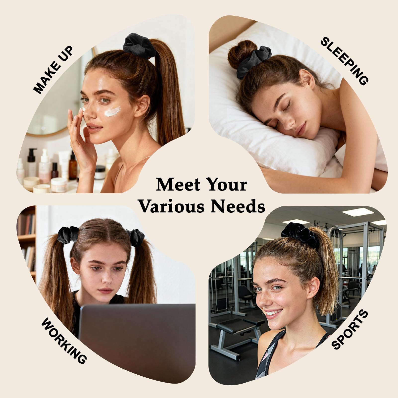 SEVEN STYLE velvet scrunchies 8pc black bun style shows versatile, no-crease look