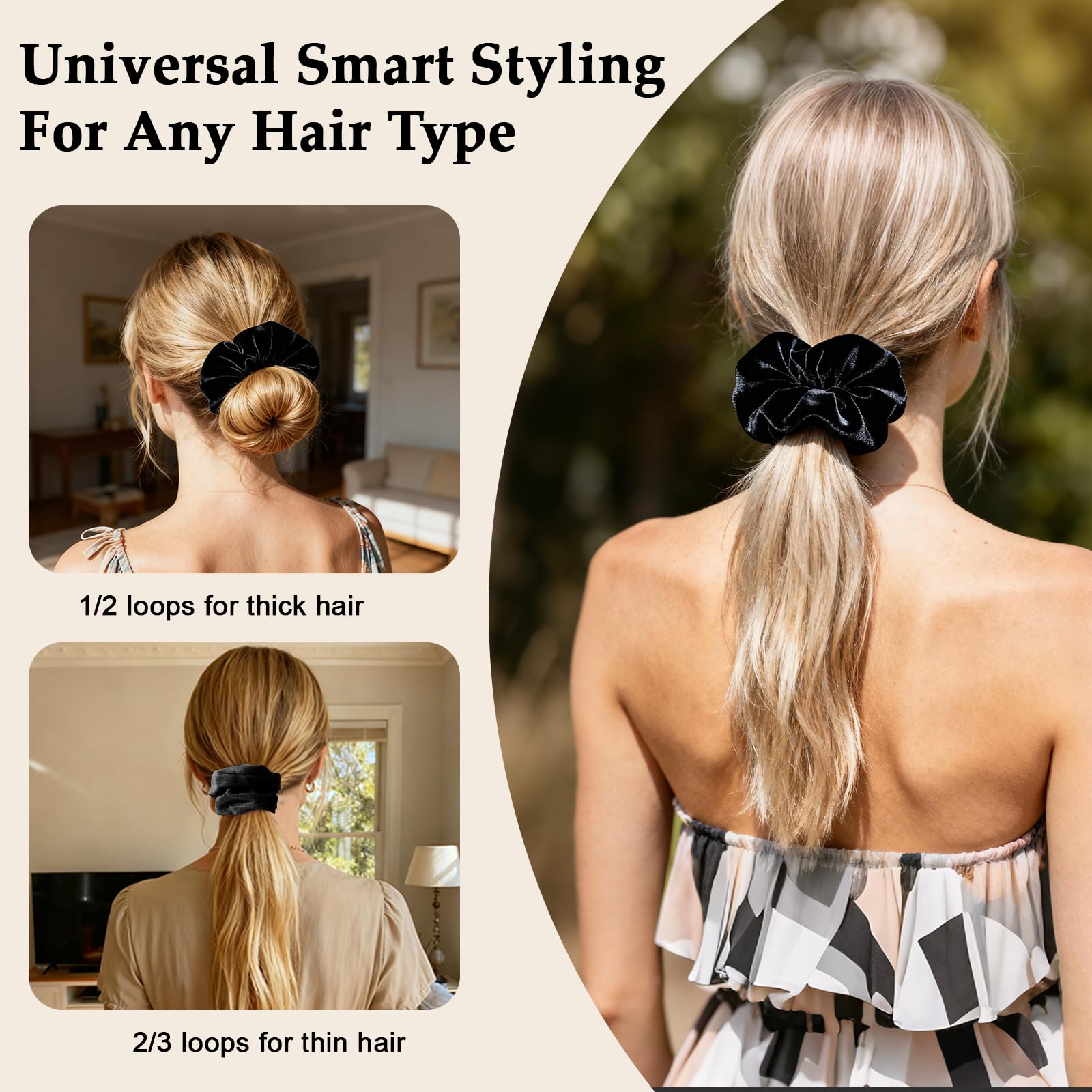 SEVEN STYLE velvet scrunchies 8pc black gift-ready packaging perfect for gifting