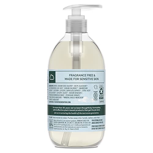 Front-label close-up of Seventh Generation unscented hand soap for clean, soft hands