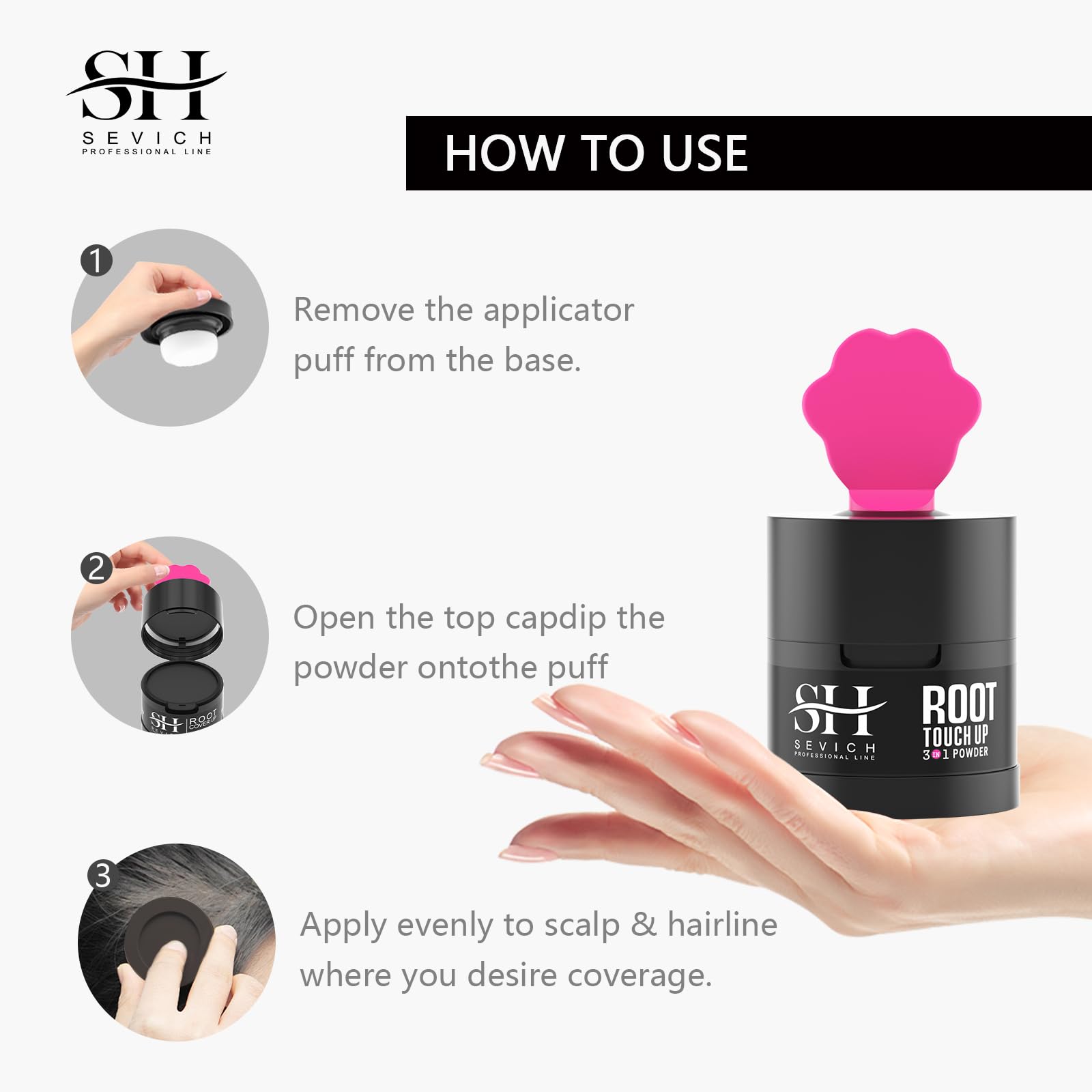Sevich Hairline Powder application close-up demonstrates smooth coverage.
