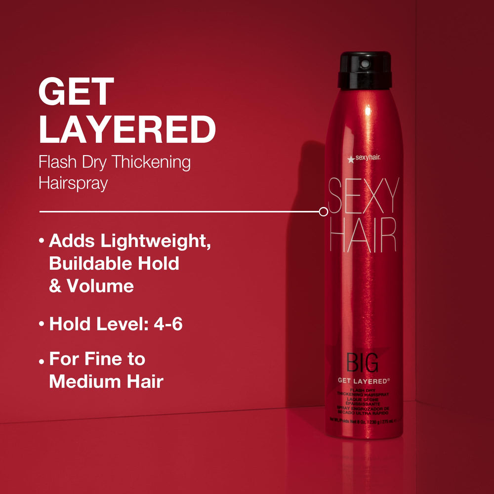 SexyHair Big Get Layered: etiqueta frontal legible para saber la fijación deseada.