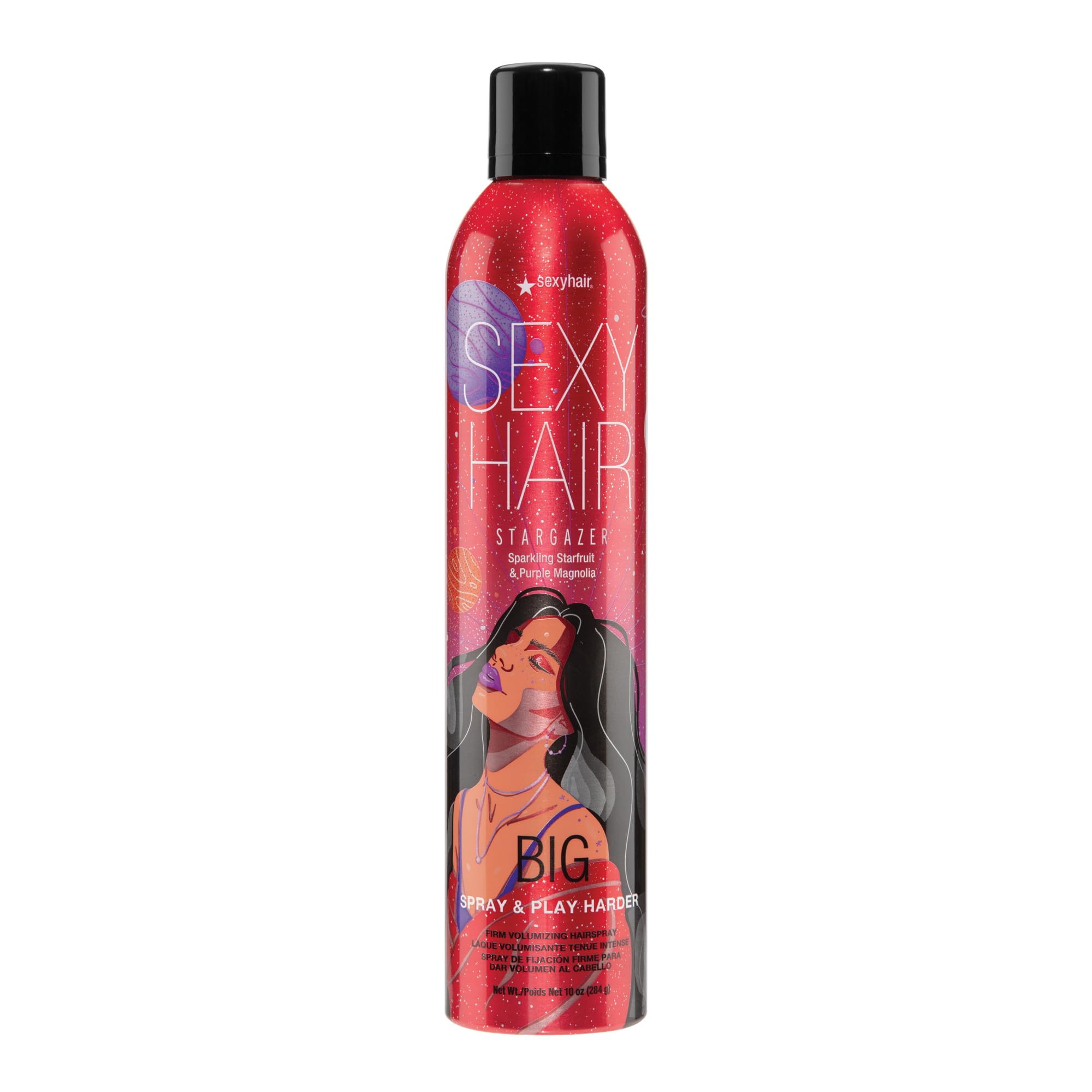 SexyHair Big Spray bottle close-up shows flake-free hold for all-day volume