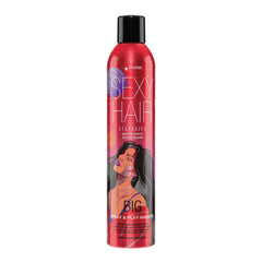 SexyHair Big Spray bottle close-up shows flake-free hold for all-day volume