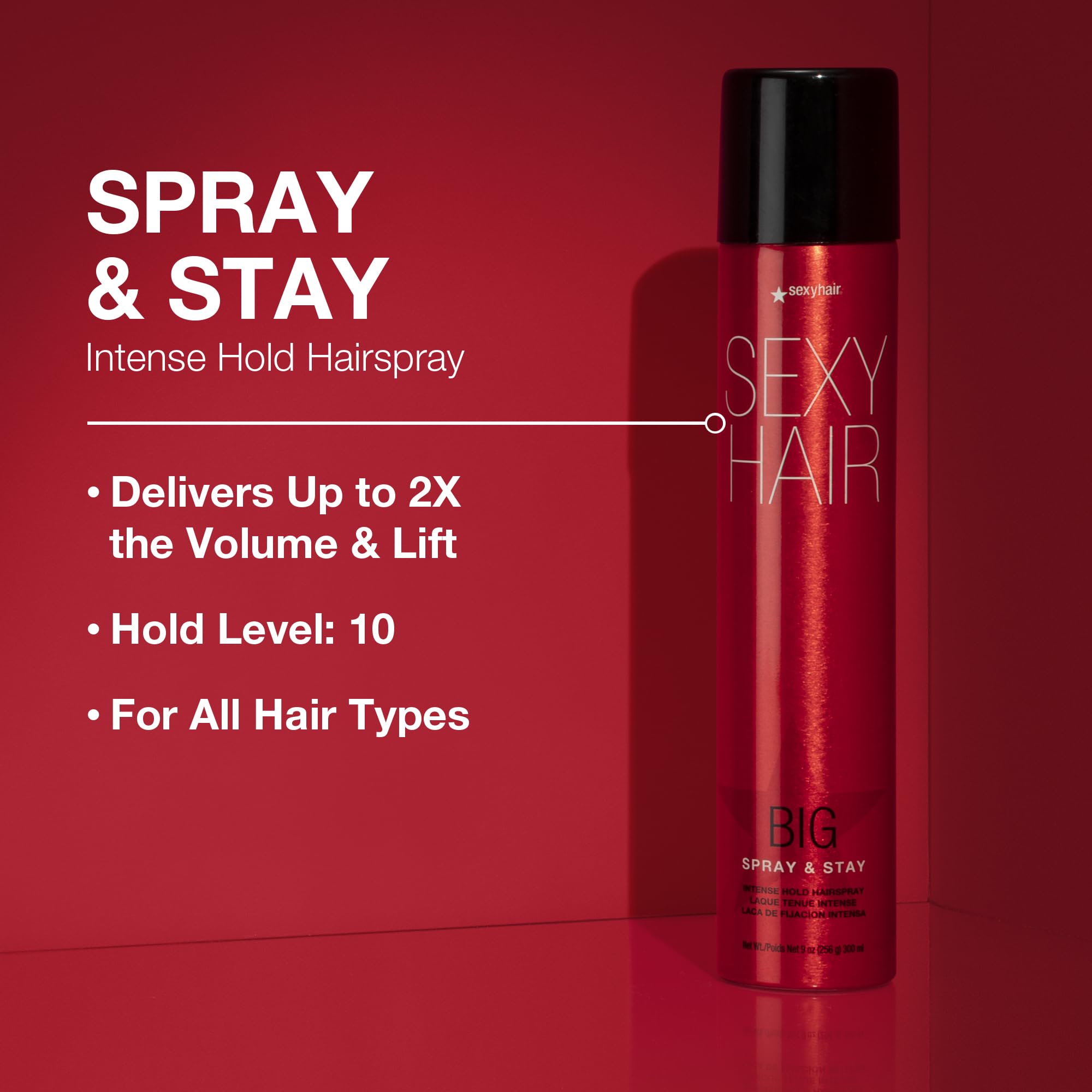 SexyHair Big Spray & Stay application shot highlighting even mist for precise styling.