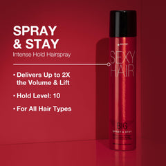 SexyHair Big Spray & Stay application shot highlighting even mist for precise styling.