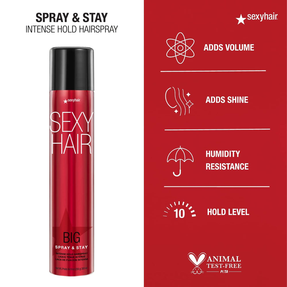 SexyHair hairspray finish shot emphasizing glossy look and firm hold.