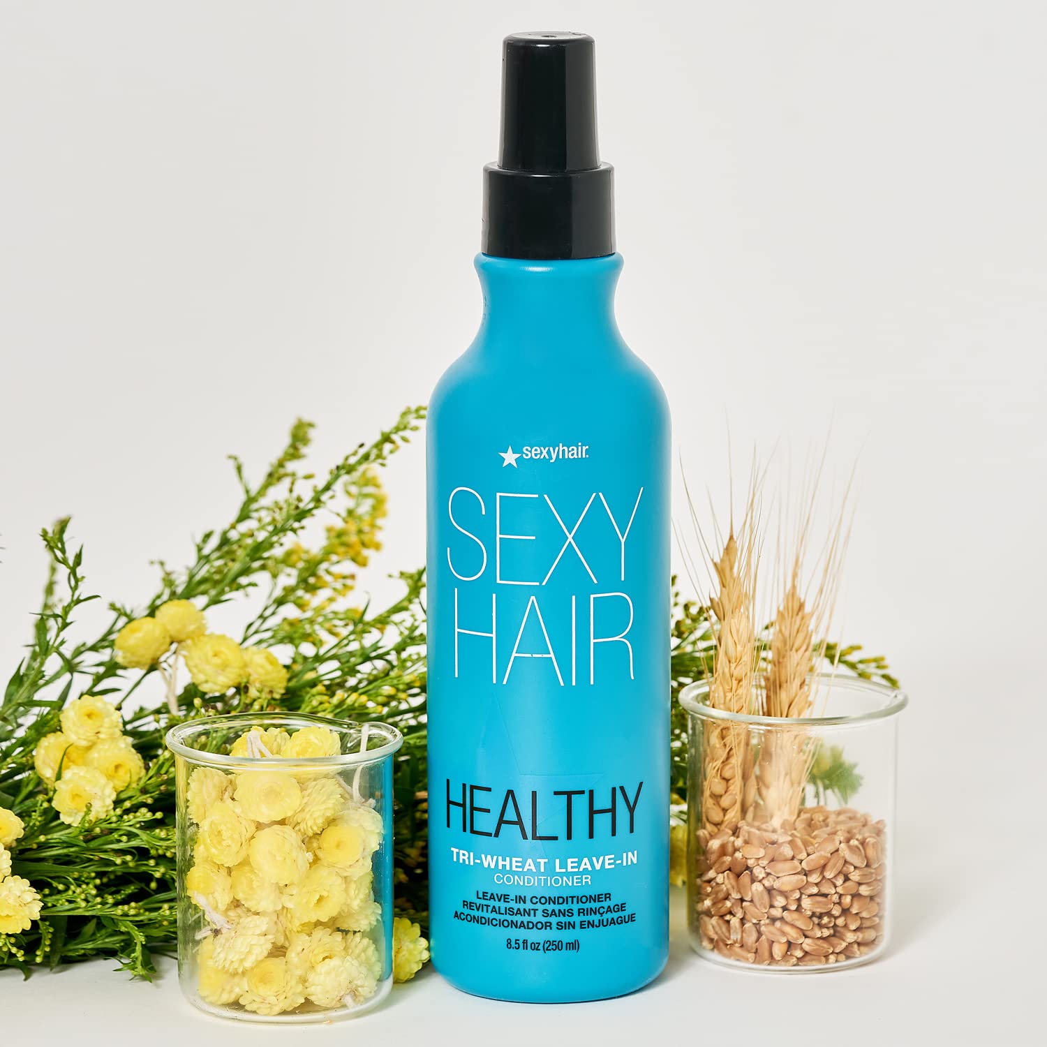 SexyHair Healthy Tri-Wheat Leave-In Dispense image highlights frizz control and lasting shine.