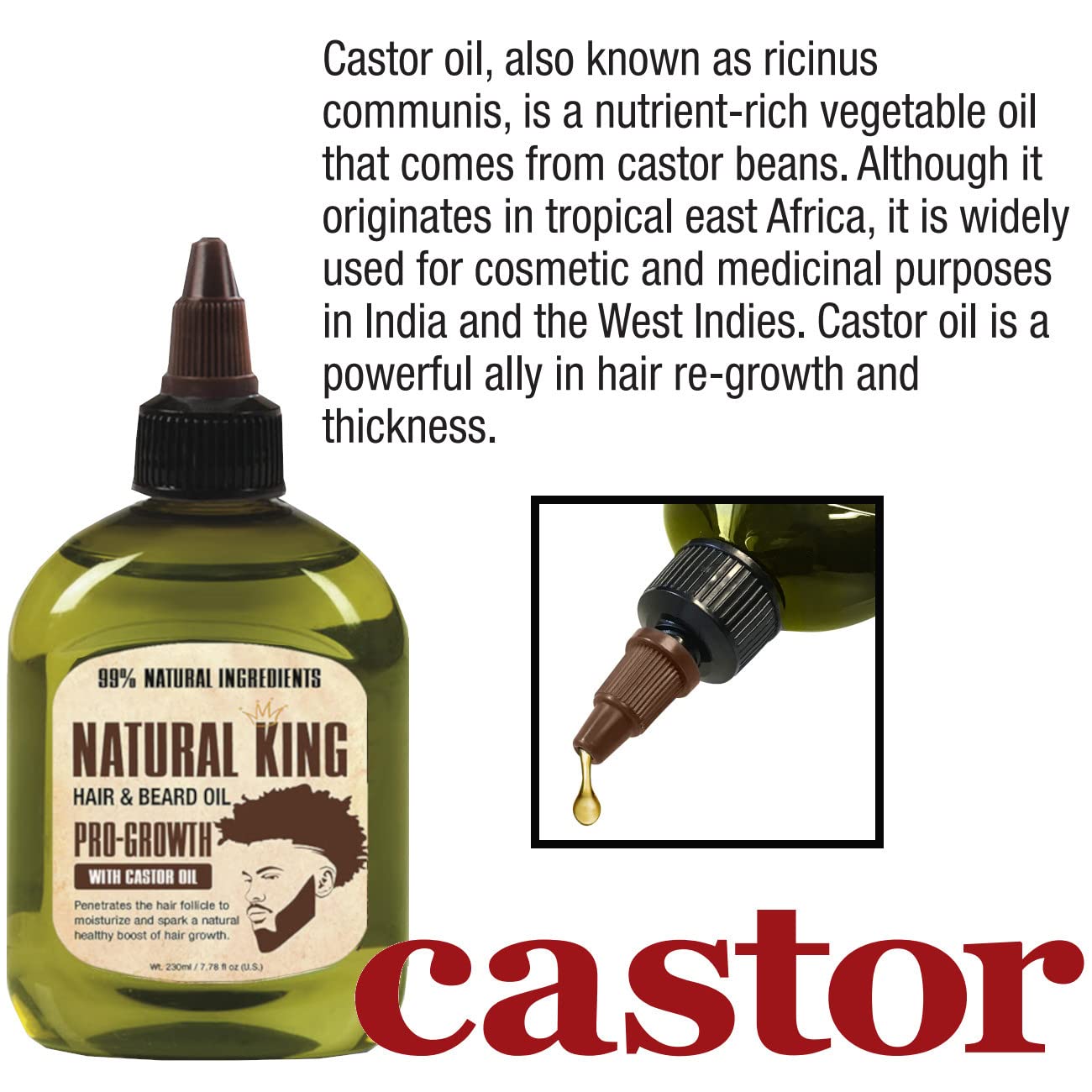 SFC Natural King Pro-growth ingredients label emphasizes 99% natural castor oil.
